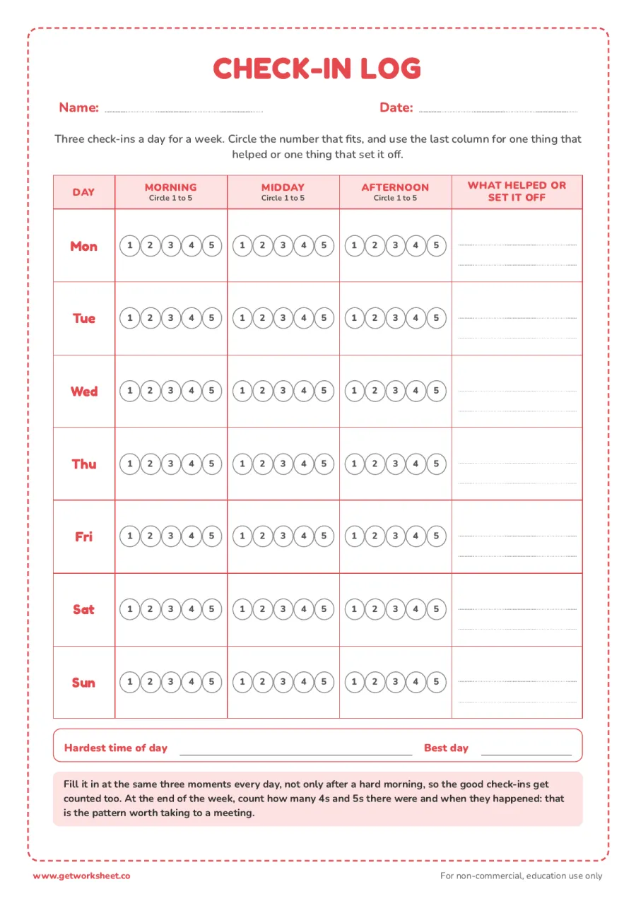 Daily check-in log (morning, midday, afternoon) Daily check-in log (morning, midday, afternoon) – free printable PDF worksheet, page 1 preview (7 free emotion thermometer printables)