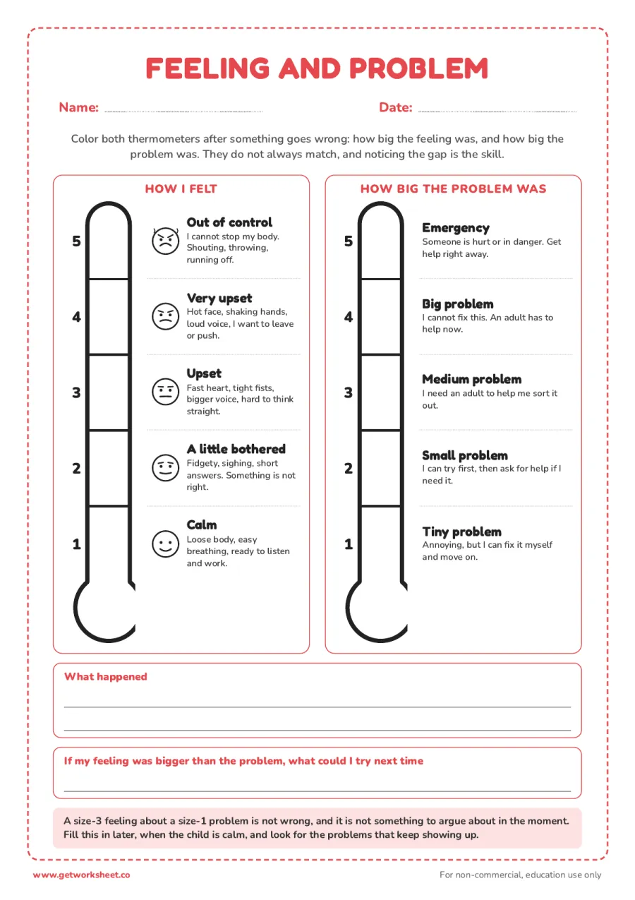 Two thermometers: how I felt and how big the problem was Two thermometers: how I felt and how big the problem was – free printable PDF worksheet, page 1 preview (7 free emotion thermometer printables)