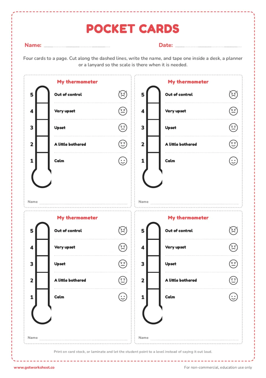 Pocket emotion thermometer cards (4 to a page) Pocket emotion thermometer cards (4 to a page) – free printable PDF worksheet, page 1 preview (7 free emotion thermometer printables)