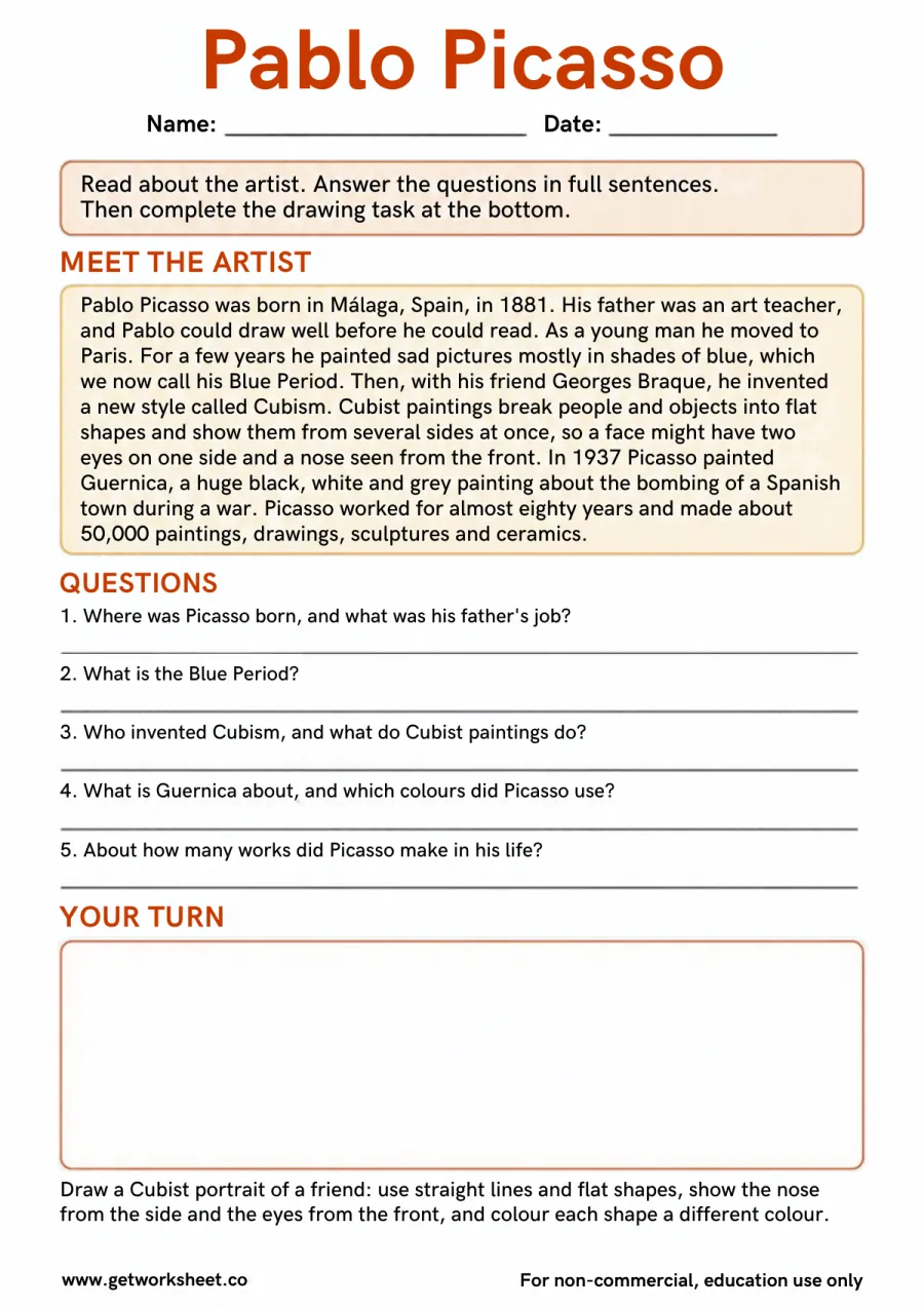 Pablo Picasso fact file and comprehension – free printable PDF worksheet, page 1 preview (Free famous artists worksheets)
