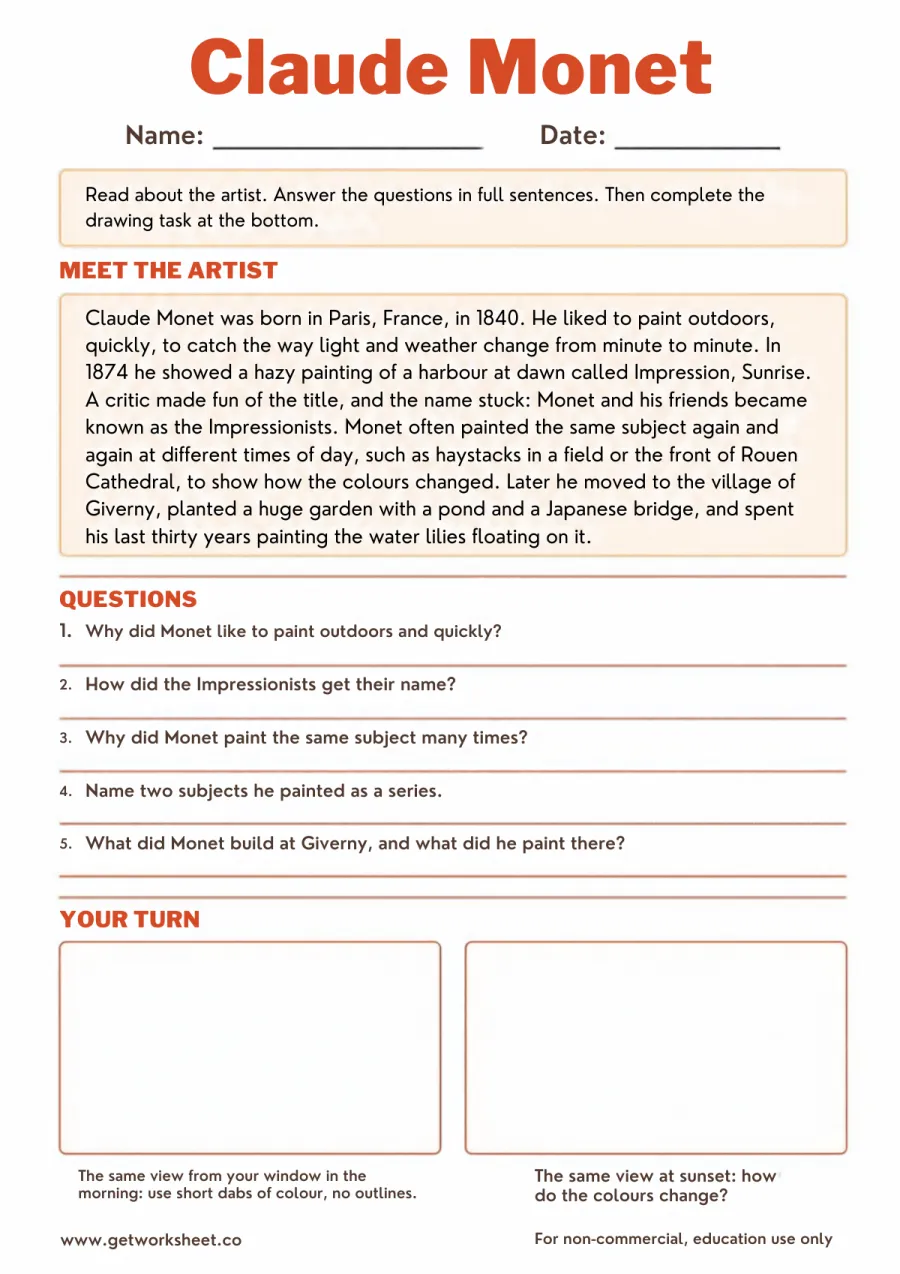 Claude Monet fact file and comprehension – free printable PDF worksheet, page 1 preview (Free famous artists worksheets)