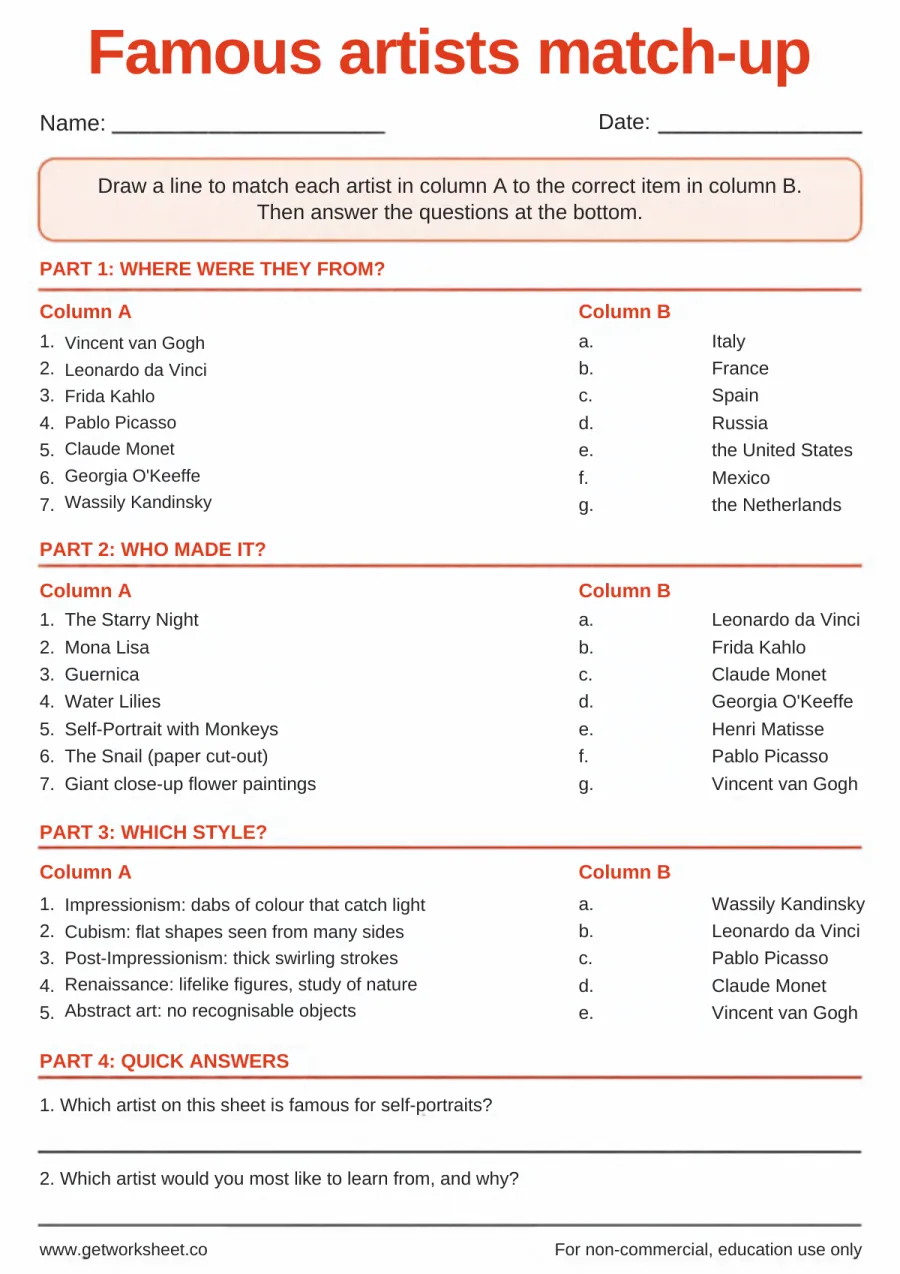 Famous artists match-up quiz (8 artists) – free printable PDF worksheet, page 1 preview (Free famous artists worksheets)