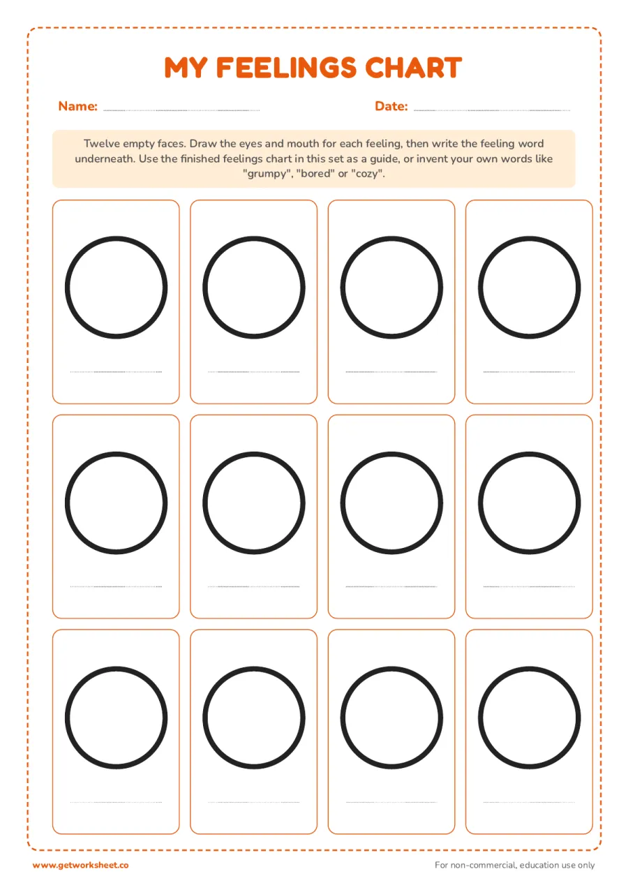 Blank feelings chart (draw the faces) – free printable PDF worksheet, page 1 preview (6 free feelings chart printables)