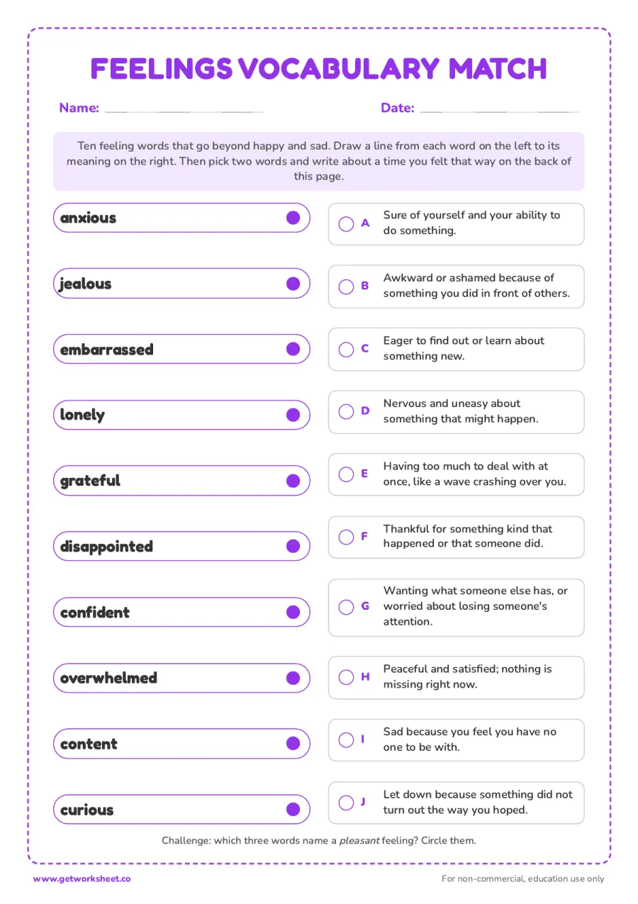 Feelings vocabulary match – free printable PDF worksheet, page 1 preview (6 free feelings chart printables)