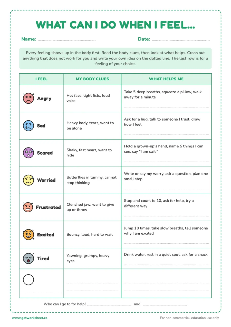 What can I do when I feel... chart – free printable PDF worksheet, page 1 preview (6 free feelings chart printables)