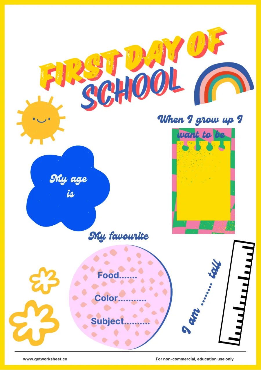 Rainbow and sun sign with height ruler – free printable PDF worksheet, page 1 preview (Free first day of school sign printables)