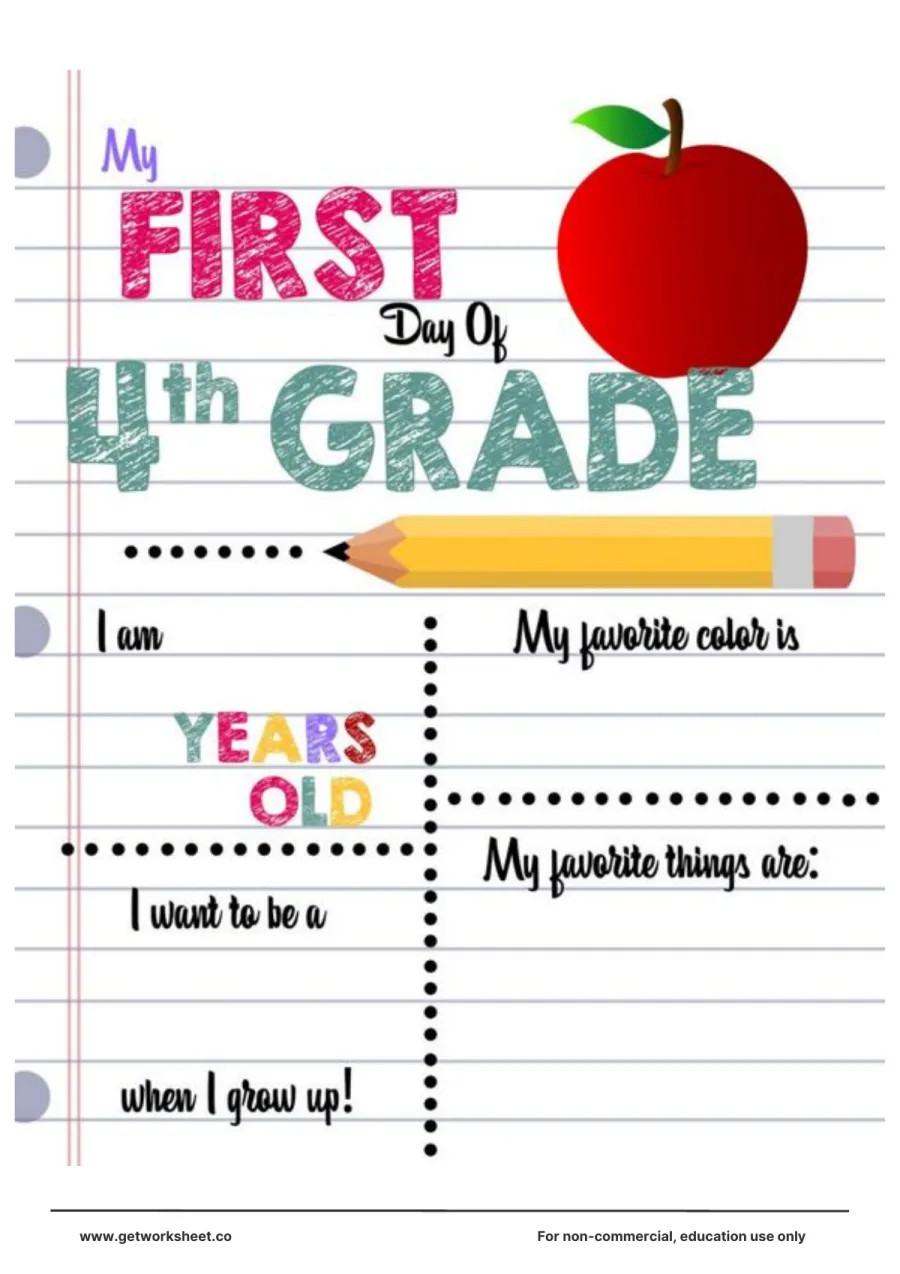 "My first day of 4th grade" notebook sign – free printable PDF worksheet, page 1 preview (Free first day of school sign printables)