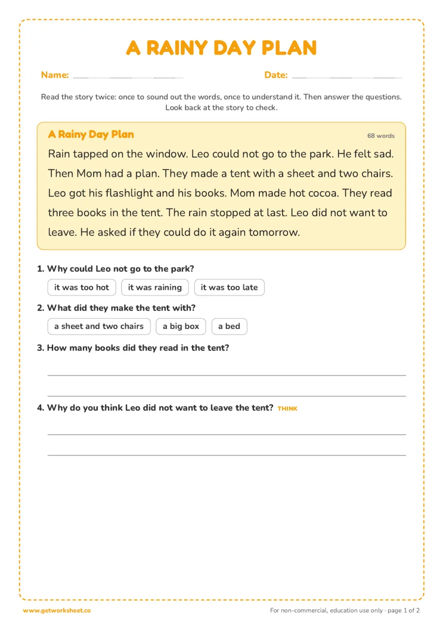 A Rainy Day Plan (story, 68 words) – free printable PDF worksheet, page 1 preview (8 free first grade reading comprehension worksheets)
