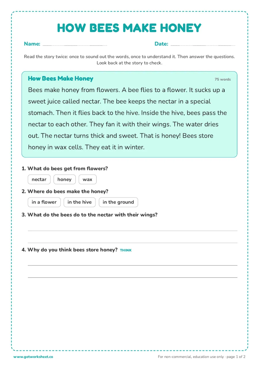 How Bees Make Honey (nonfiction, 75 words) – free printable PDF worksheet, page 1 preview (8 free first grade reading comprehension worksheets)