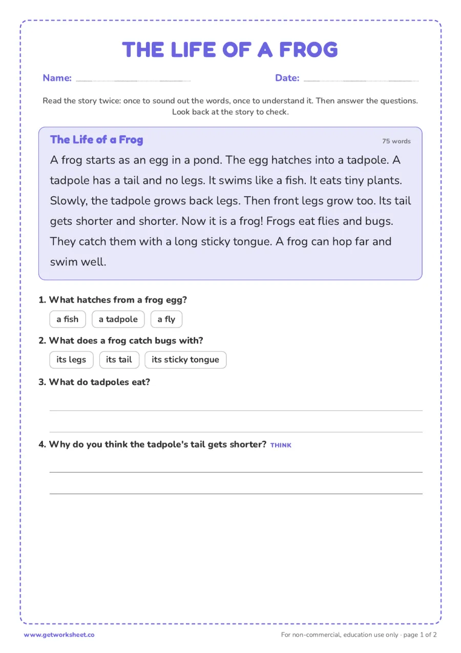 The Life of a Frog (nonfiction, 75 words) – free printable PDF worksheet, page 1 preview (8 free first grade reading comprehension worksheets)