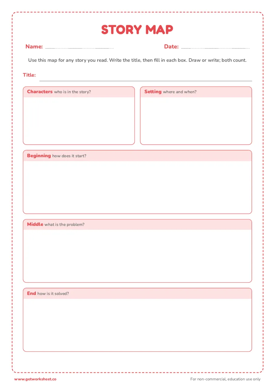 Story map: characters, setting, beginning, middle, end – free printable PDF worksheet, page 1 preview (8 free first grade reading comprehension worksheets)