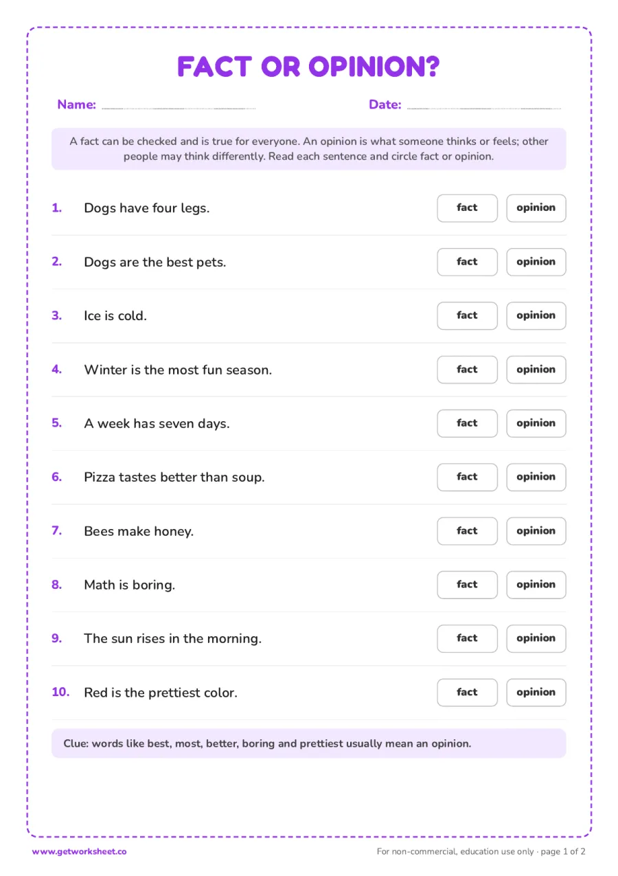 Fact or opinion? Ten sentences to sort – free printable PDF worksheet, page 1 preview (8 free first grade reading comprehension worksheets)