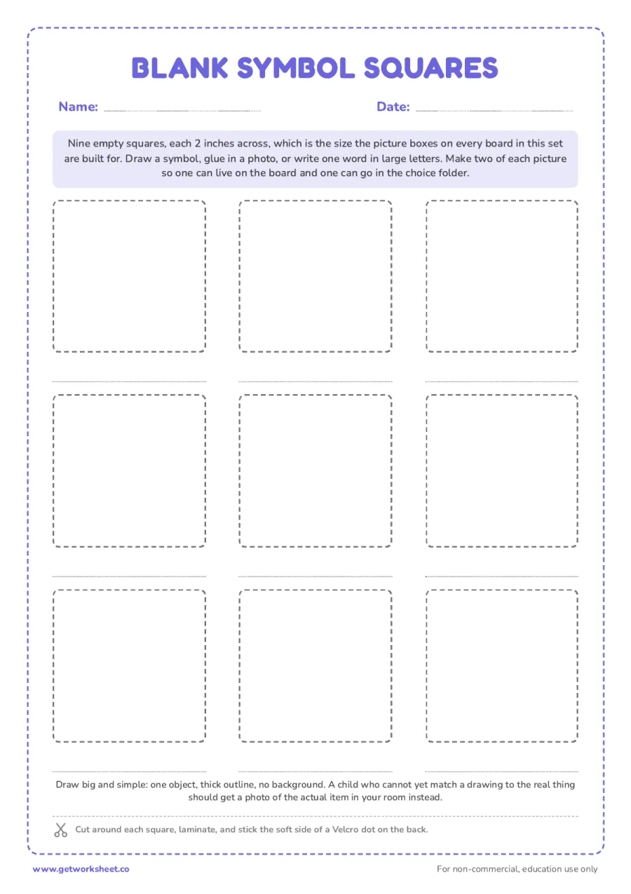 Blank 2-inch symbol squares – free printable PDF worksheet, page 1 preview (7 free First-Then board printables)