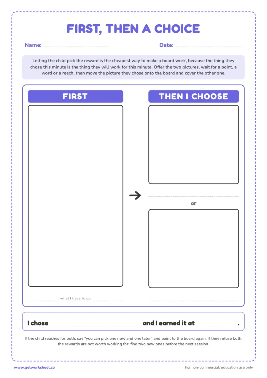 First-Then board with a choice of two rewards – free printable PDF worksheet, page 1 preview (7 free First-Then board printables)