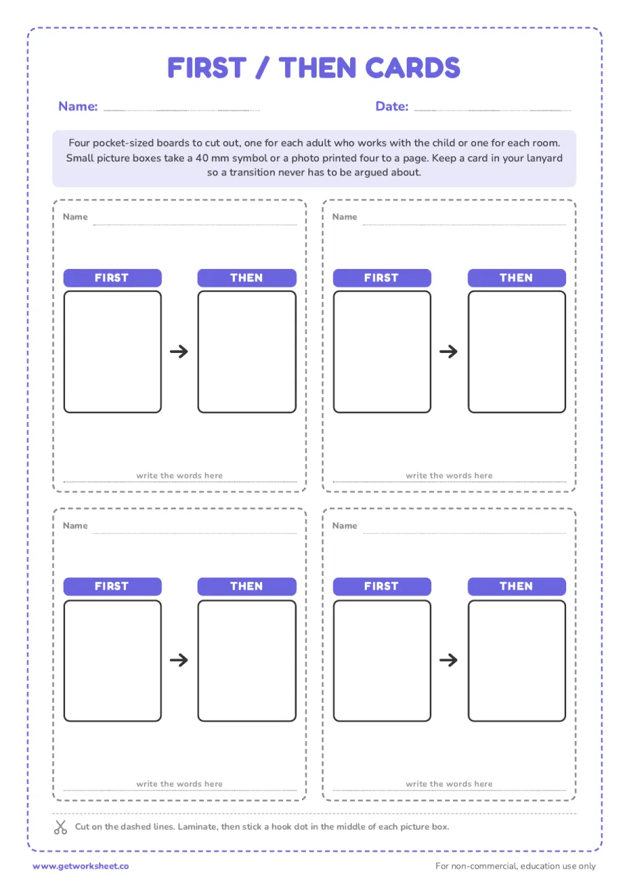 Four First-Then cards to cut out – free printable PDF worksheet, page 1 preview (7 free First-Then board printables)