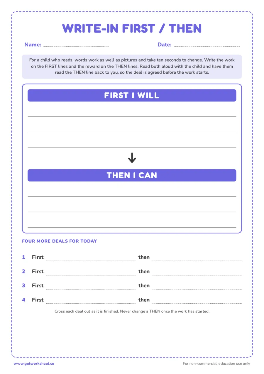 Write-in First-Then board – free printable PDF worksheet, page 1 preview (7 free First-Then board printables)