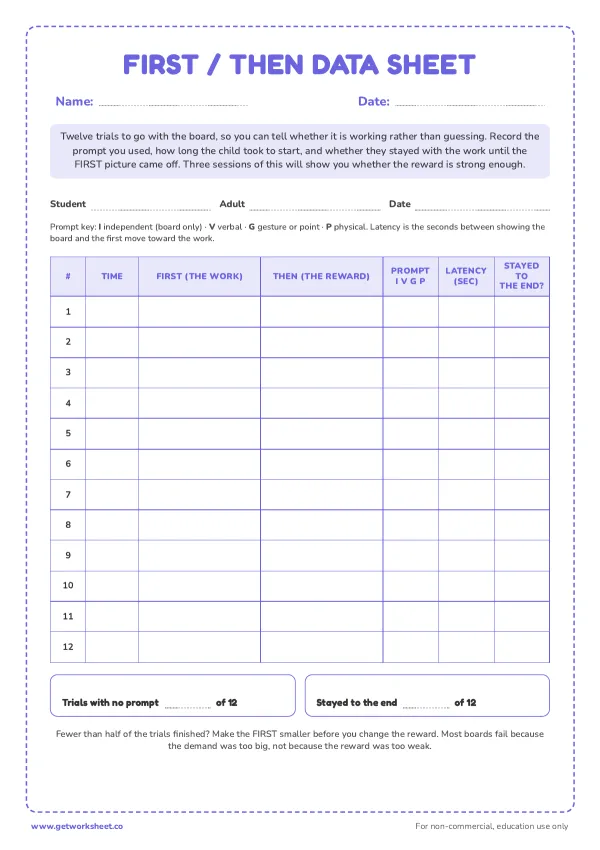 First-Then data sheet (12 trials), page 1 preview