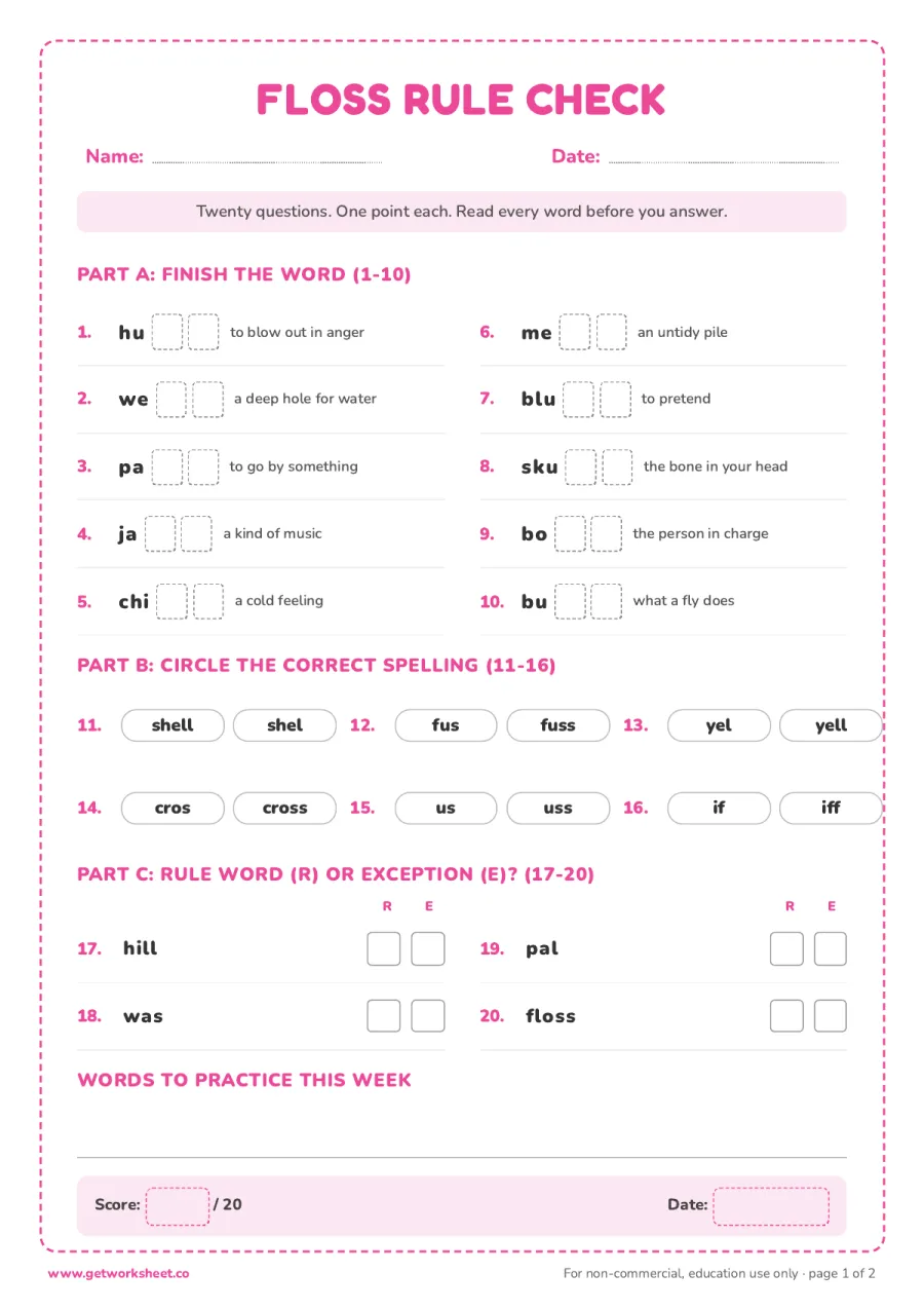 FLOSS rule check: 20 items with answer key – free printable PDF worksheet, page 1 preview (8 free FLOSS rule worksheets)