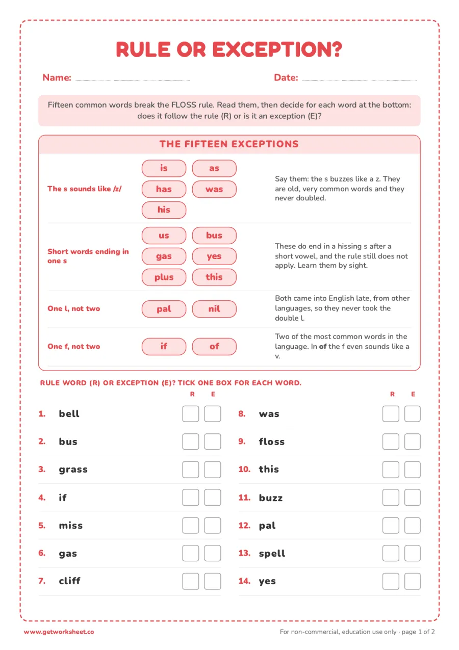 FLOSS rule exceptions: the 15 words that break it – free printable PDF worksheet, page 1 preview (8 free FLOSS rule worksheets)