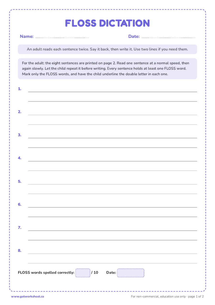 FLOSS sentence dictation: 8 sentences – free printable PDF worksheet, page 1 preview (8 free FLOSS rule worksheets)