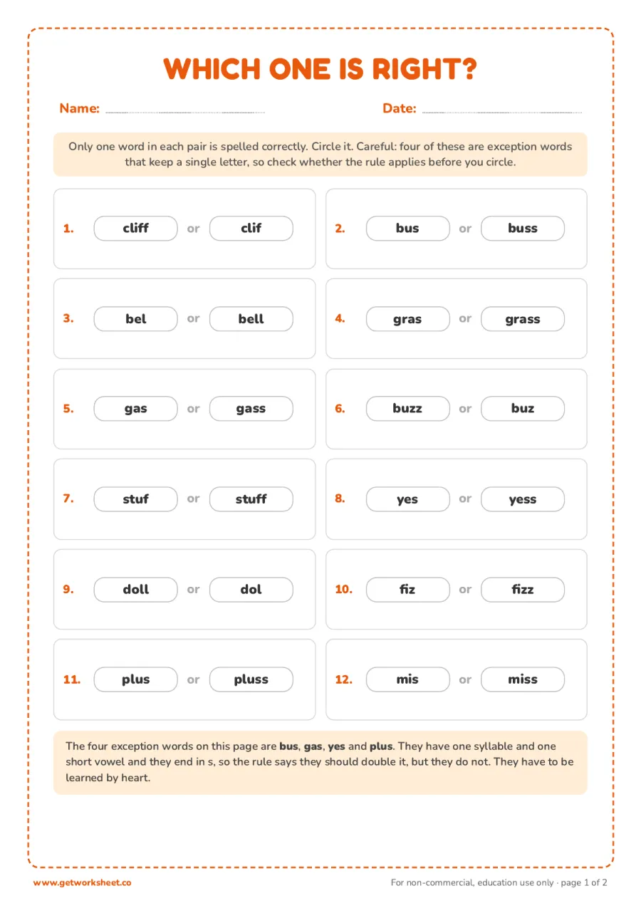 Which spelling is right? 12 pairs – free printable PDF worksheet, page 1 preview (8 free FLOSS rule worksheets)