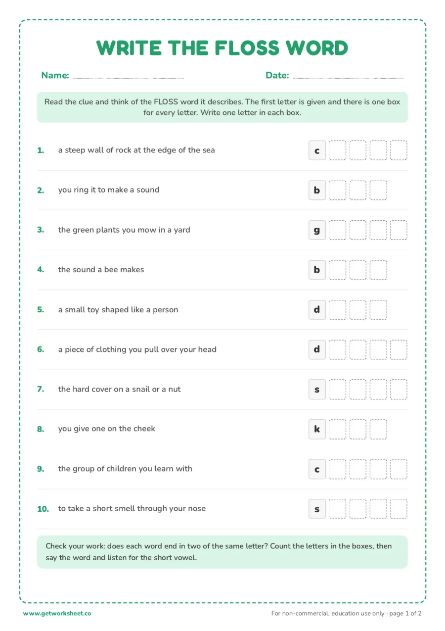 Write the FLOSS word from a clue: 10 items – free printable PDF worksheet, page 1 preview (8 free FLOSS rule worksheets)