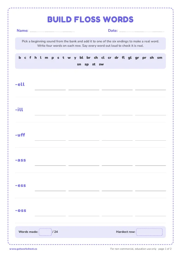 Build FLOSS words: 27 onsets, 6 endings, page 1 preview