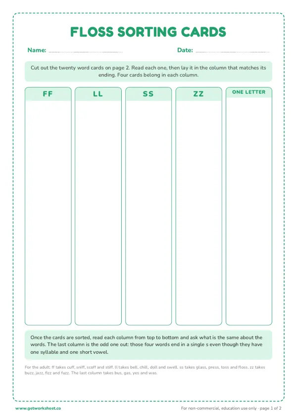 FLOSS sorting cards: a mat and 20 cards, page 1 preview