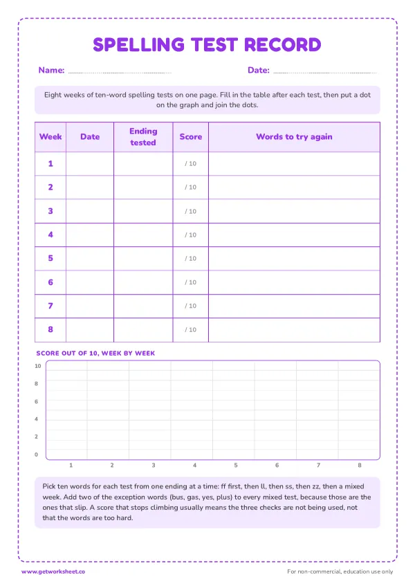 FLOSS spelling test record: 8 weeks, page 1 preview