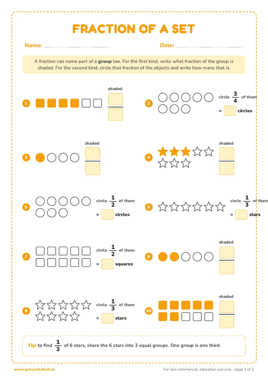 Fraction of a set (10 groups) – free printable PDF worksheet, page 1 preview (8 free fractions worksheets)
