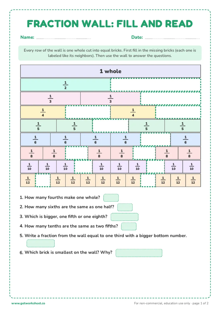 Fraction wall: fill the missing bricks and read it – free printable PDF worksheet, page 1 preview (8 free fractions worksheets)