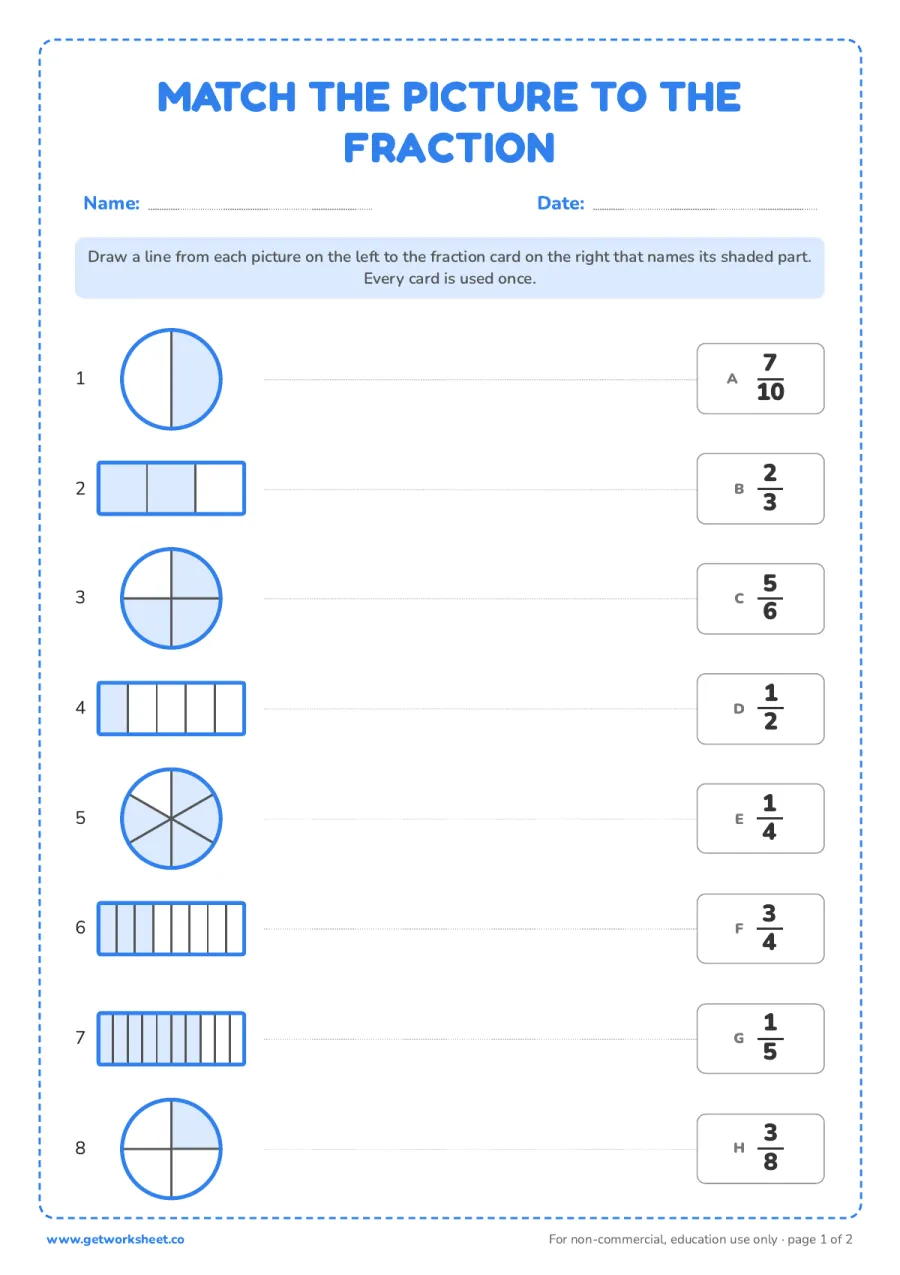 Match the picture to the fraction (8 pairs) – free printable PDF worksheet, page 1 preview (8 free fractions worksheets)