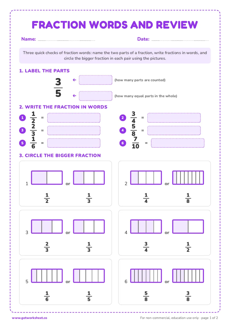 Fraction words and review – free printable PDF worksheet, page 1 preview (8 free fractions worksheets)
