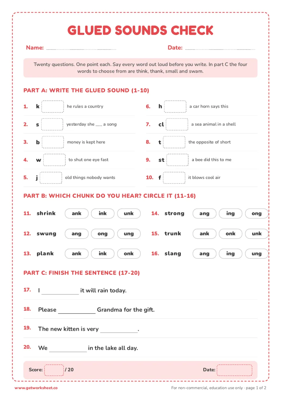Glued sounds check: 20 items with answer key – free printable PDF worksheet, page 1 preview (8 free glued sounds worksheets)