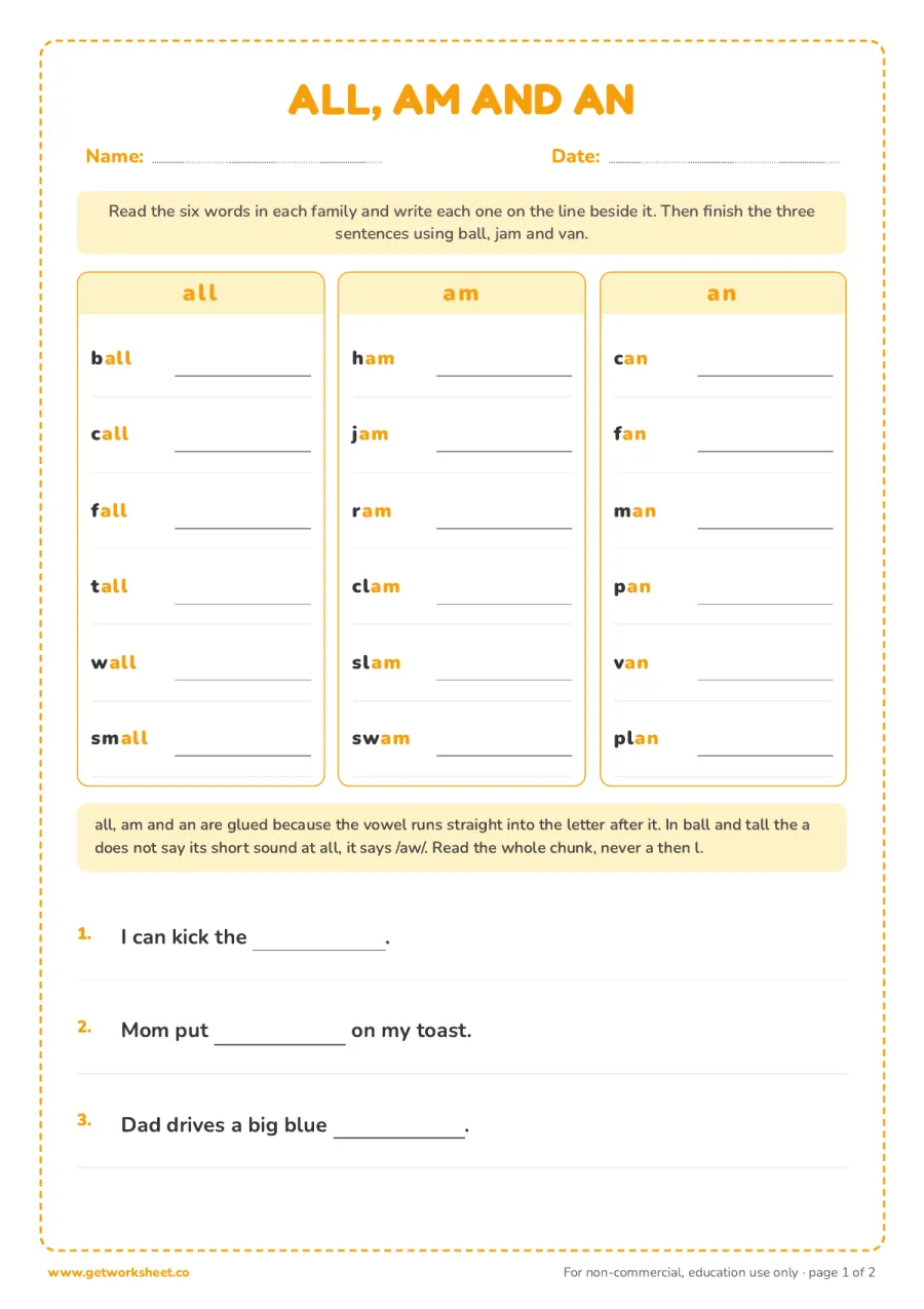 all, am and an: read, write and finish – free printable PDF worksheet, page 1 preview (8 free glued sounds worksheets)