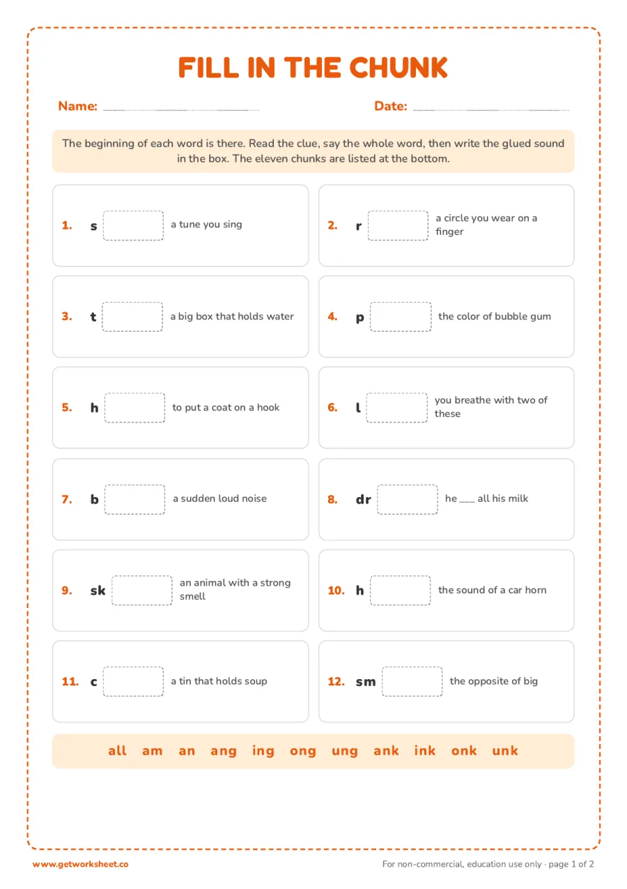 Fill in the glued sound: 12 part-written words – free printable PDF worksheet, page 1 preview (8 free glued sounds worksheets)