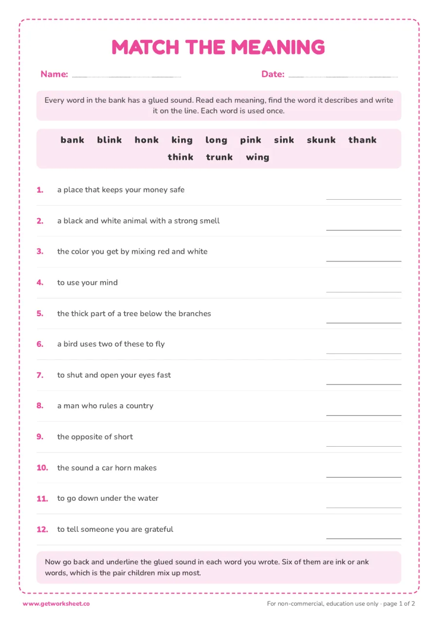 Match the meaning: 12 glued sound words – free printable PDF worksheet, page 1 preview (8 free glued sounds worksheets)