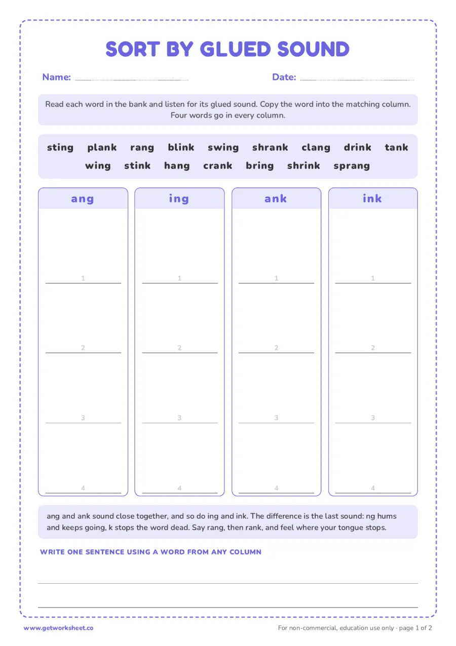 Sort 16 words by glued sound: ang, ing, ank, ink – free printable PDF worksheet, page 1 preview (8 free glued sounds worksheets)