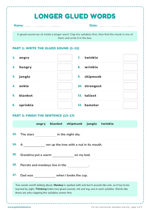 Longer glued words: 12 two-syllable words, page 1 preview