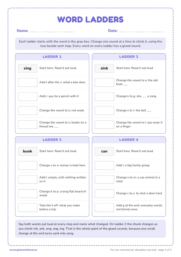 Glued sound word ladders: 4 ladders, page 1 preview