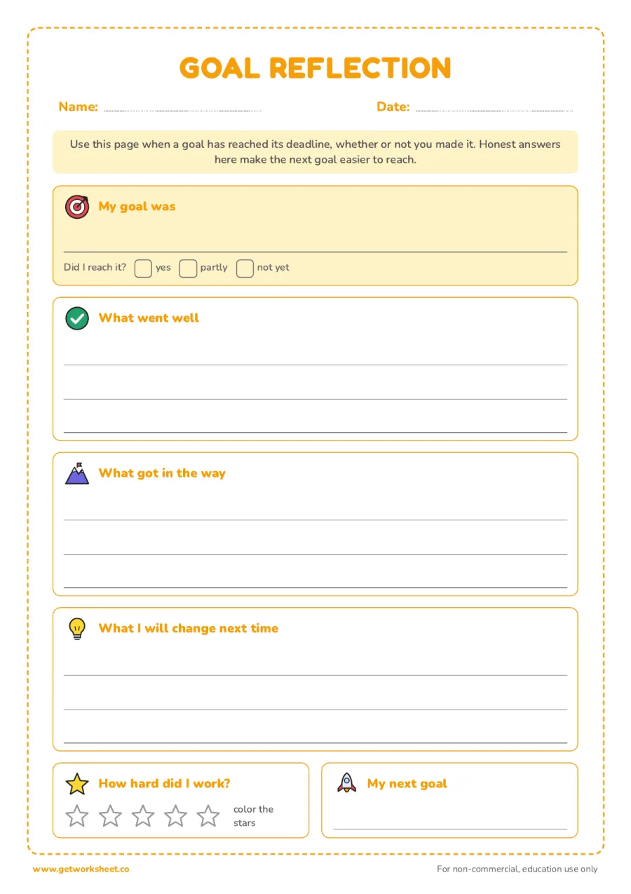 Goal reflection – free printable PDF worksheet, page 1 preview (6 free goal-setting worksheets for students)