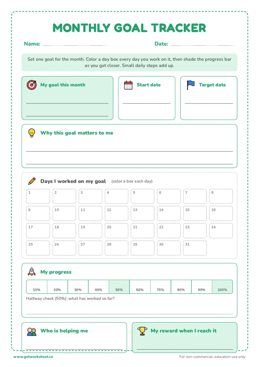 Monthly goal tracker – free printable PDF worksheet, page 1 preview (6 free goal-setting worksheets for students)