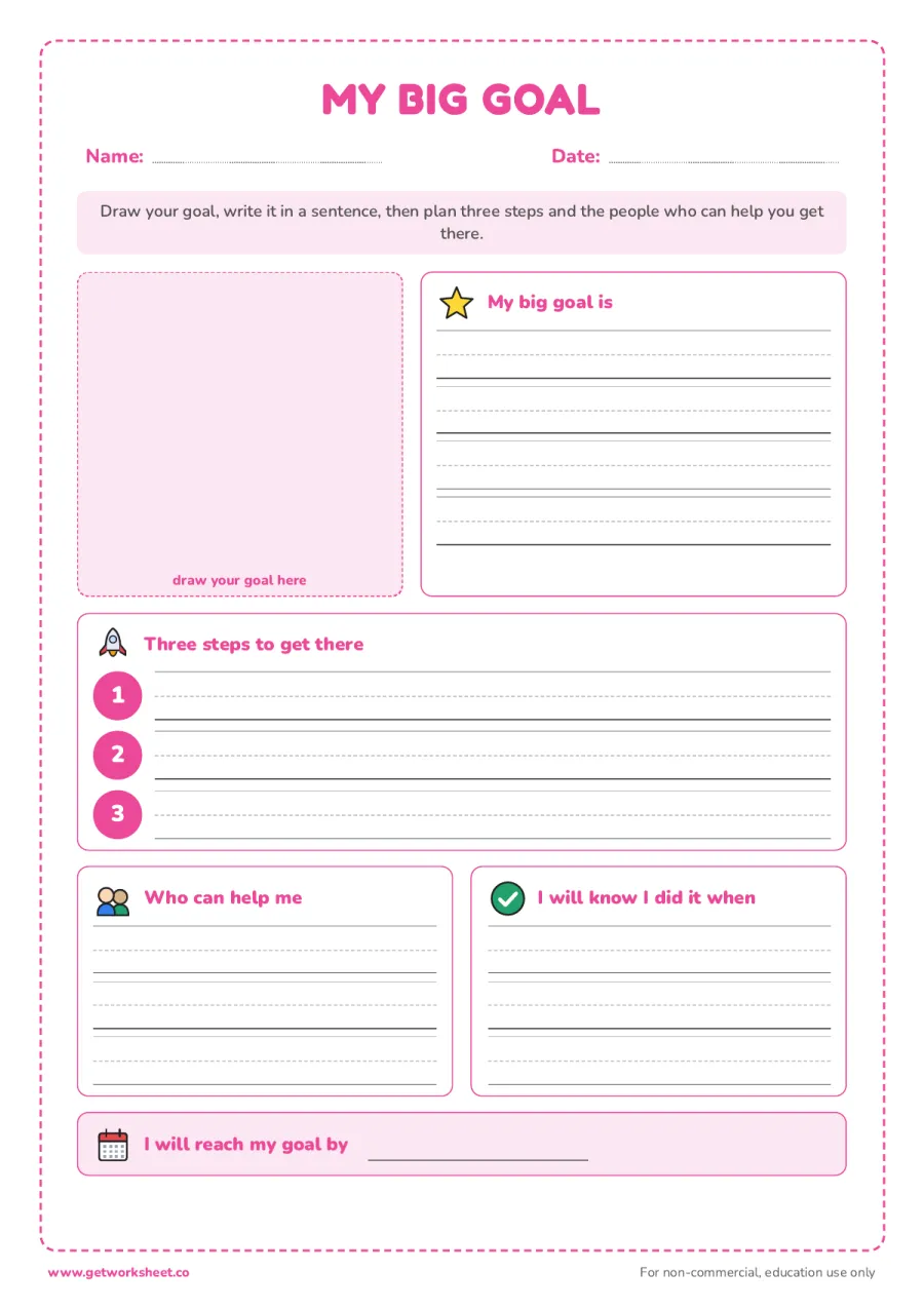 My big goal (one page for younger students) – free printable PDF worksheet, page 1 preview (6 free goal-setting worksheets for students)