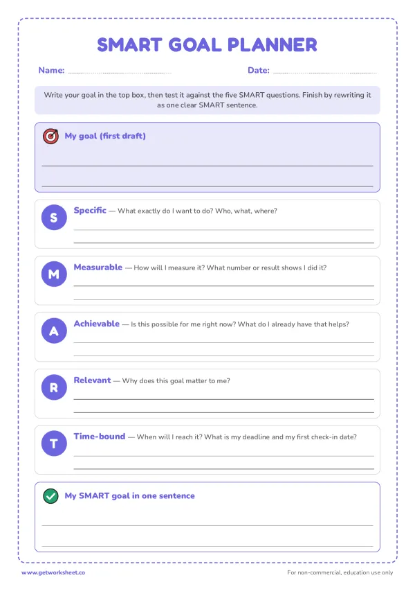 Free goal-setting worksheets for students worksheet, first page