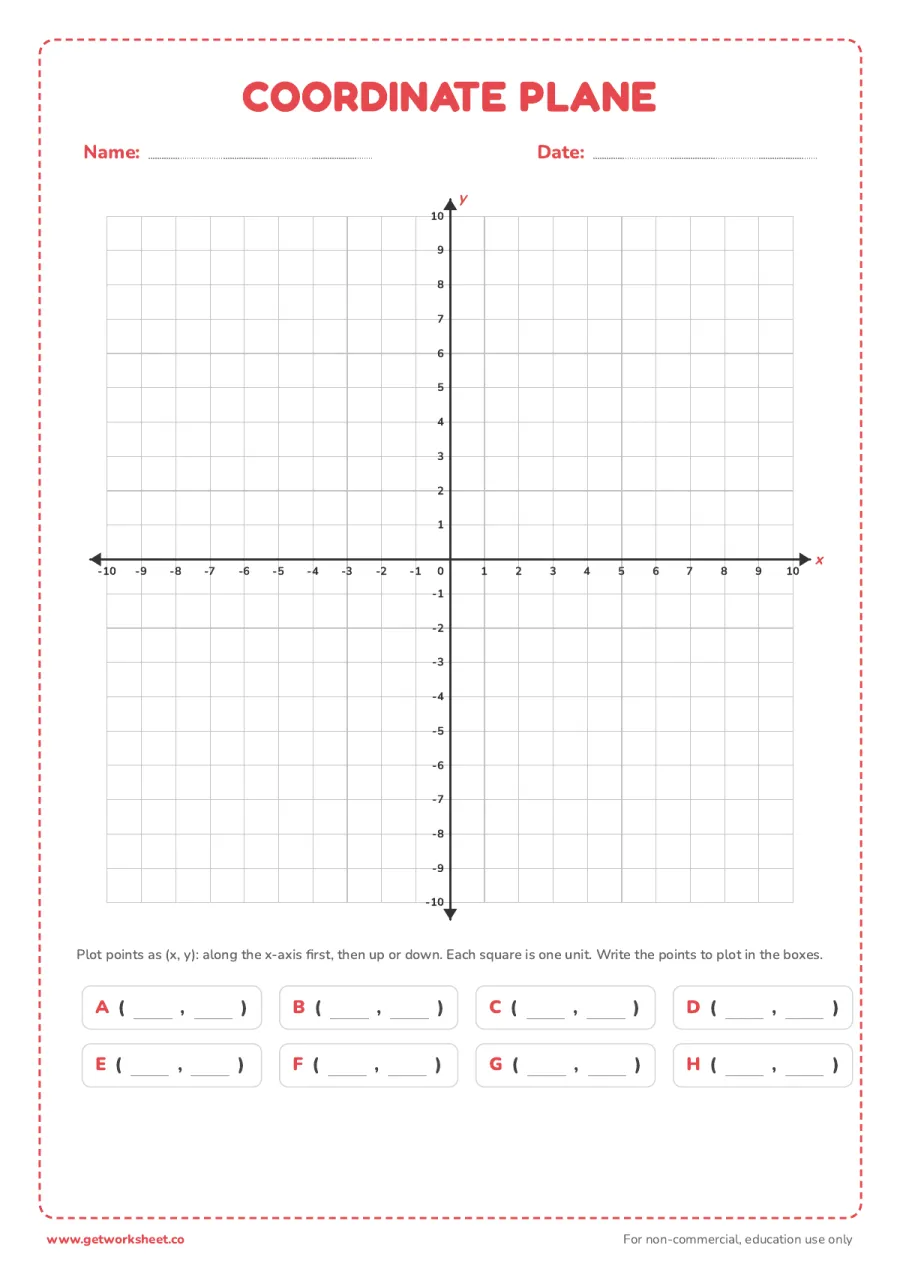 Coordinate plane graph paper (four quadrants, -10 to 10) – free printable PDF worksheet, page 1 preview (8 free graph paper printables)