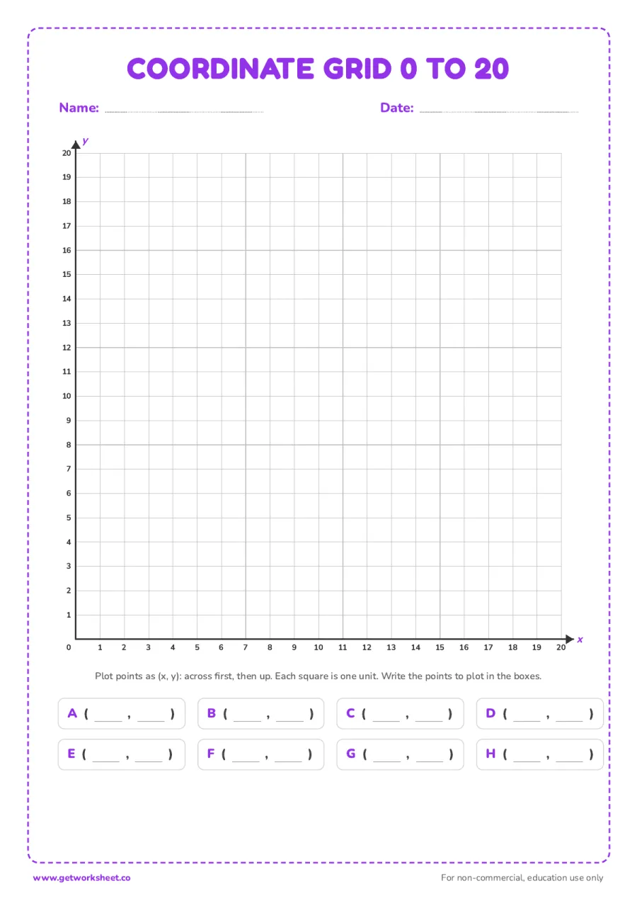 First quadrant coordinate grid (0 to 20) – free printable PDF worksheet, page 1 preview (8 free graph paper printables)