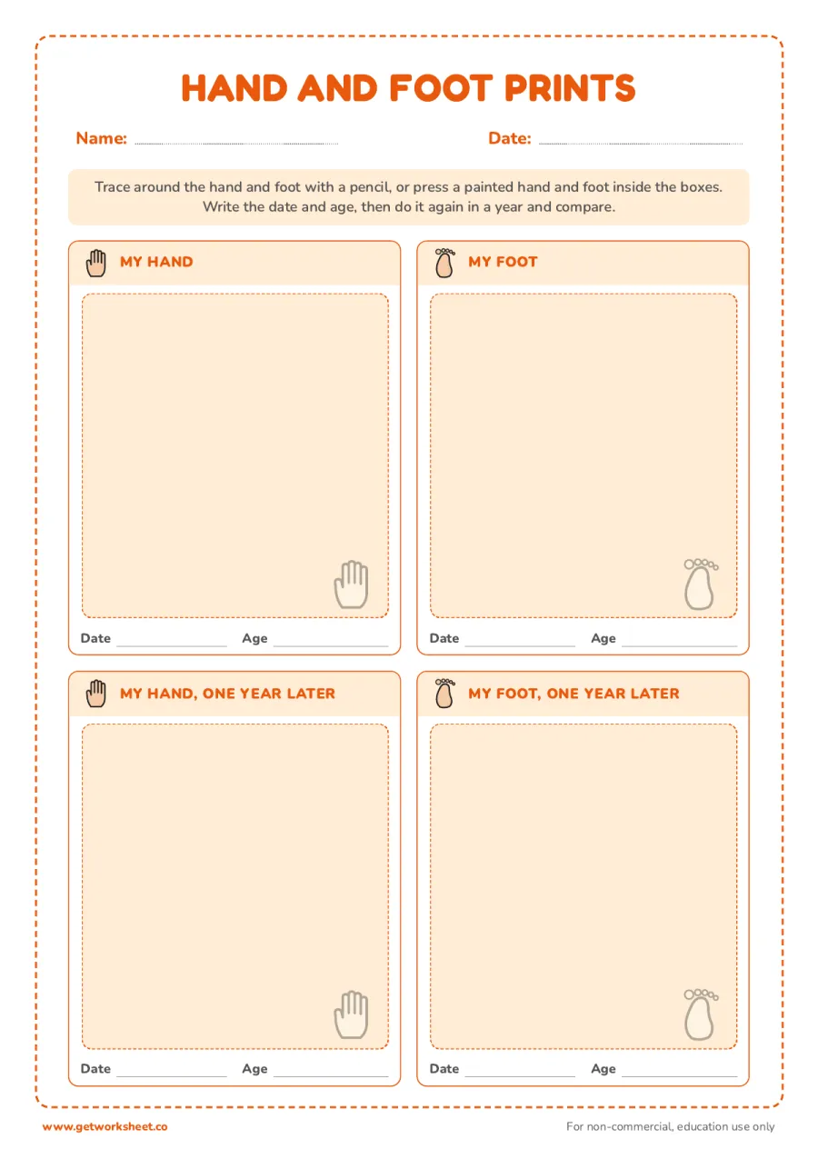 Hand and foot print record – free printable PDF worksheet, page 1 preview (5 free growth chart printables)