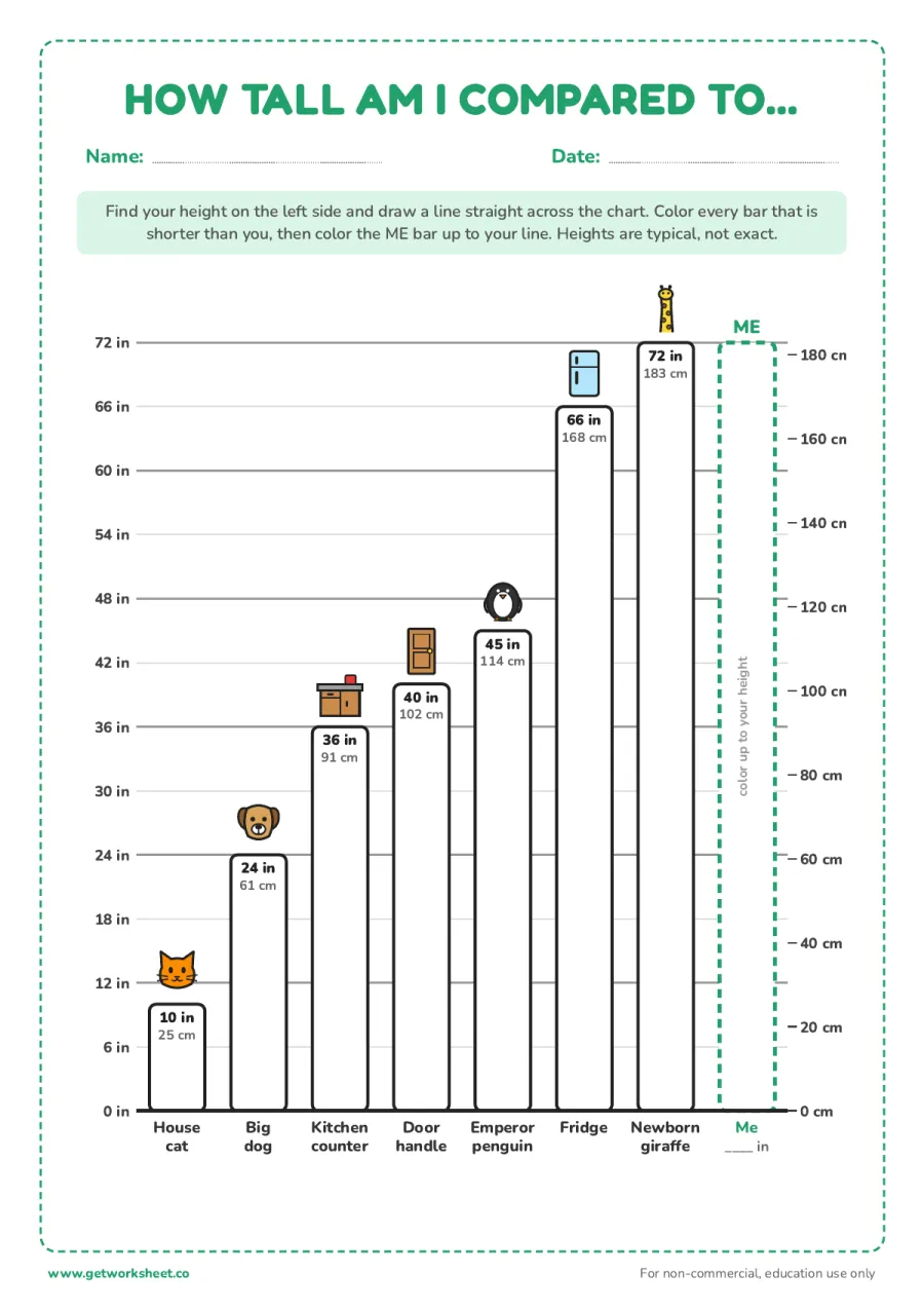 How tall am I compared to... – free printable PDF worksheet, page 1 preview (5 free growth chart printables)