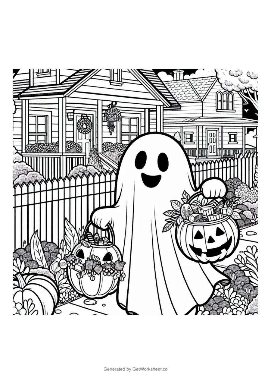 Friendly ghost trick-or-treating Friendly ghost trick-or-treating – free printable PDF worksheet, page 1 preview (6 free Halloween coloring pages)