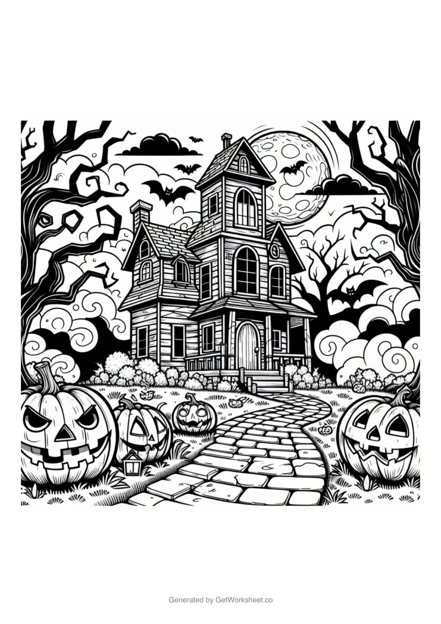 Haunted house with jack-o-lanterns Haunted house with jack-o-lanterns – free printable PDF worksheet, page 1 preview (6 free Halloween coloring pages)